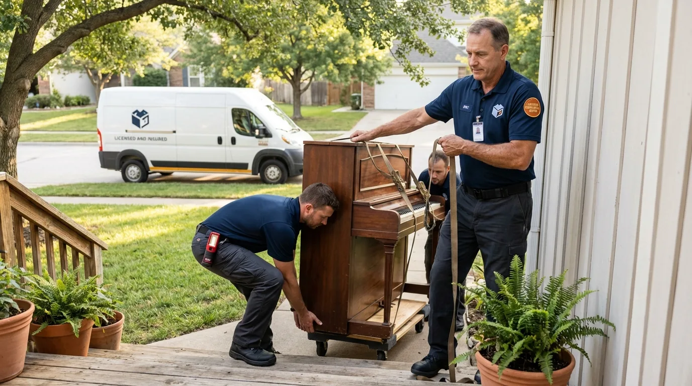 Licensed piano movers securing grand piano in Armour, SD