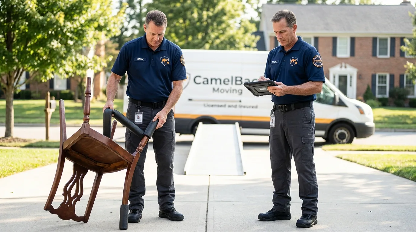 Movers inspecting furniture for damage prevention before loading in Armour, SD